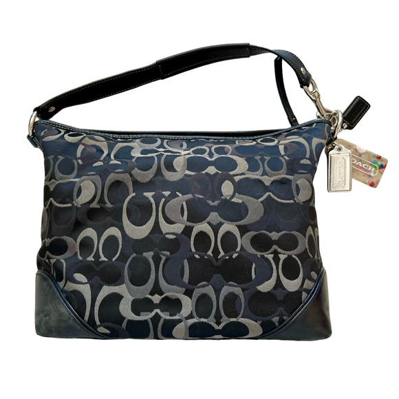 Coach Signature Fabric Hobo Purse Black Grey Leather Trim 3 Poppy Hang Tags - Picture 1 of 16